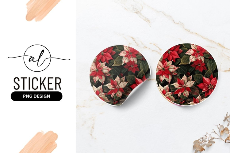 Festive Round Sticker P N G of Red and White Poinsettia