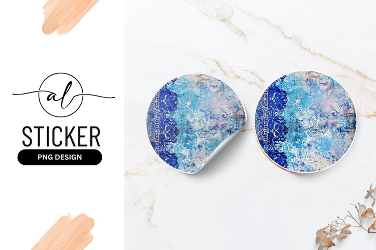 Blue and White Floral Pattern Round Sticker PNG