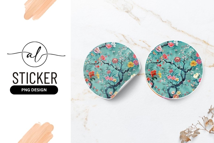 Round Sticker P N G of Floral Branches with Colorful Blossom