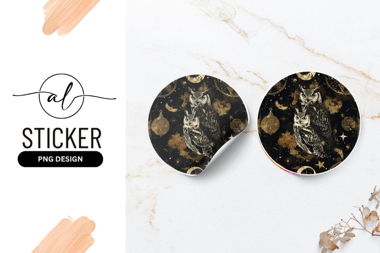 Two Owls on a Round Sticker P N G with Celestial Gold