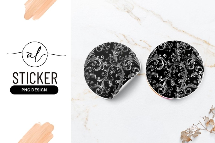 Black and Baroque Floral Pattern Round Sticker P N G