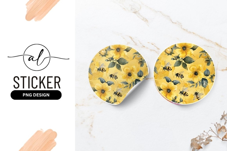 Round Sticker P N G with Watercolor Yellow Flowers and Bees
