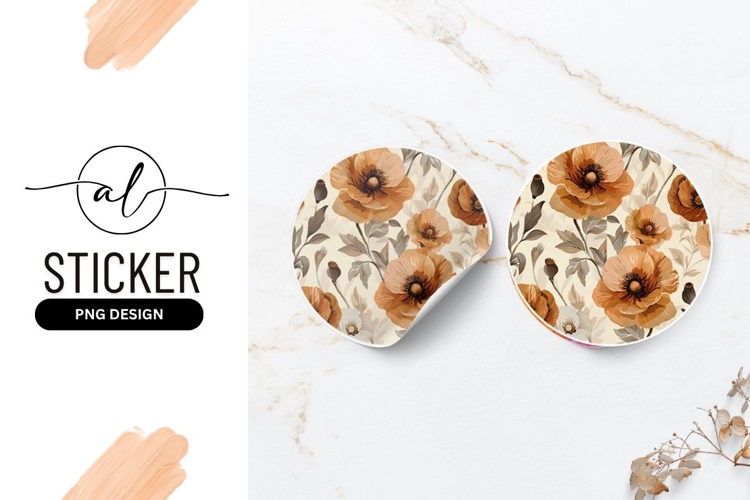 Round Sticker P N G with Floral Pattern of Orange and Beige
