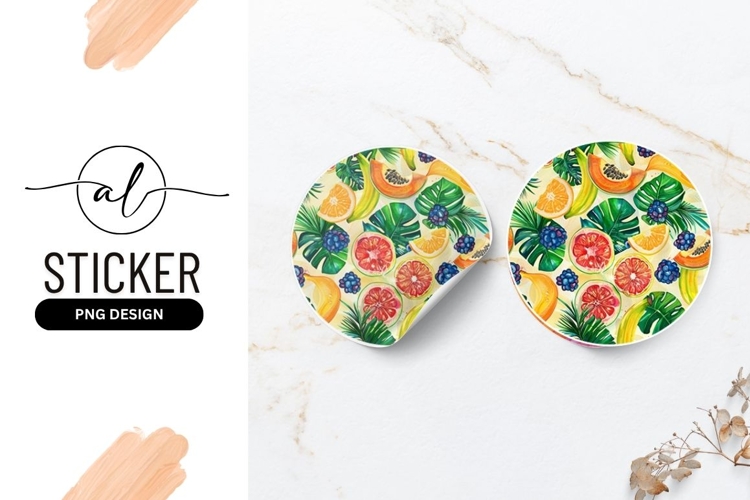 Watercolor Fruit and Tropical Leaves Pattern Round Sticker