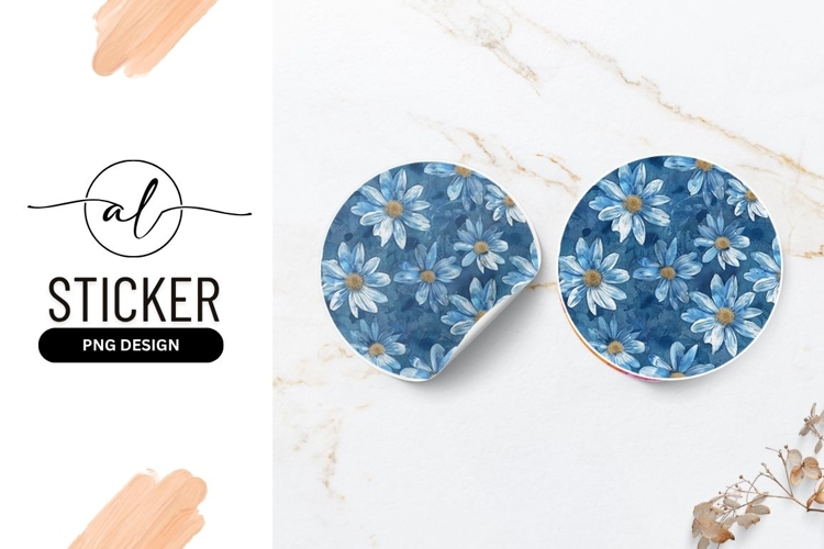 Blue Daisy Flowers on a Round Sticker P N G with Textured