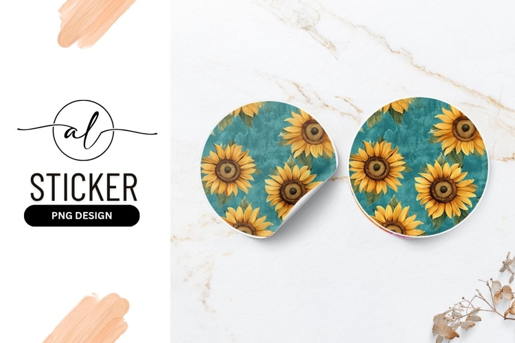 Round Sunflower Arrangement on Teal Textured Background