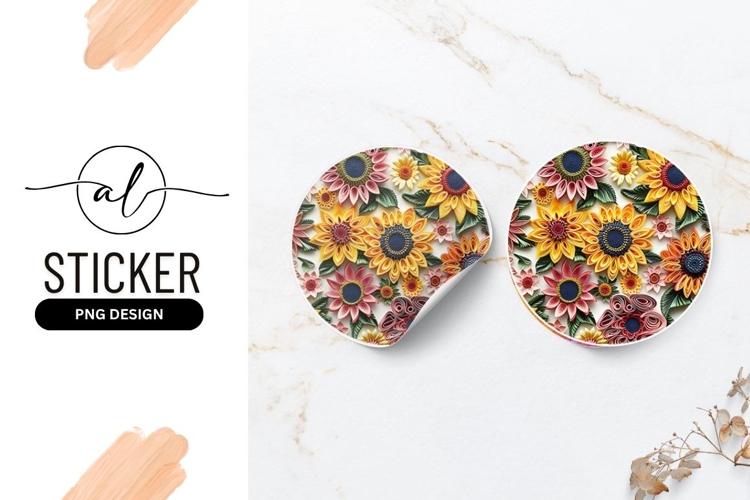 Quilled Paper Flower Art Round Sticker Png