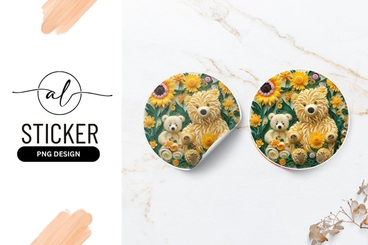 Two Quilled Bears With Sunflowers Round Sticker Png