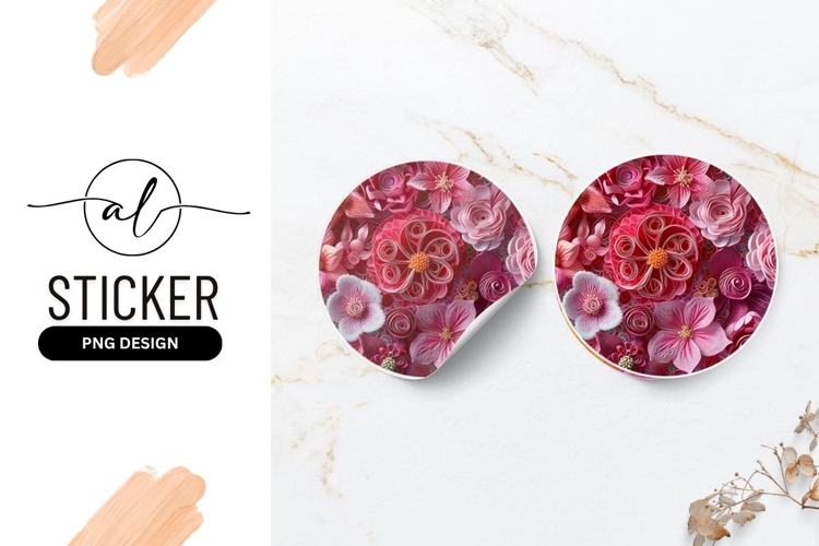 Pink Paper Quilling Flowers Floral Round Sticker Png