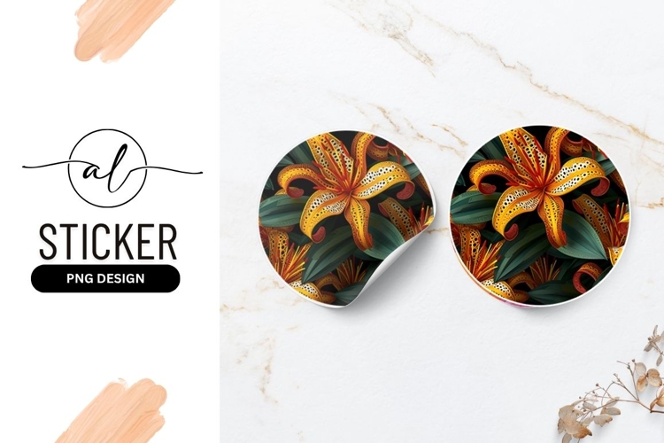 Exotic Tiger Lily Floral Design Round Sticker Png
