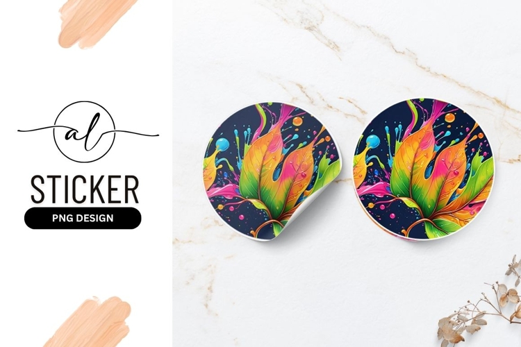 Colorful Leaves With Paint Splatter Round Sticker Png