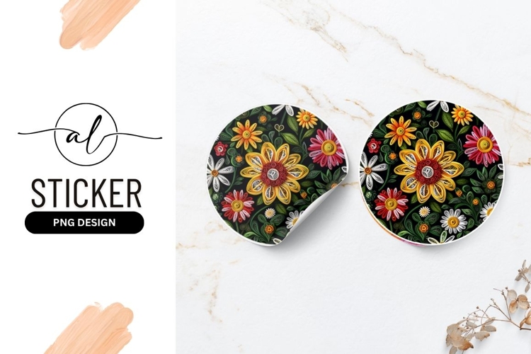 Colorful Quilled Flowers On Black Background Round Sticker