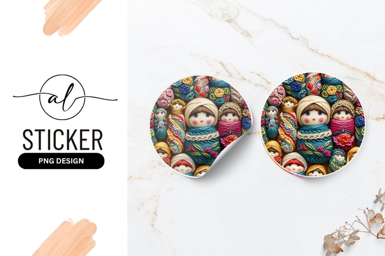 Cute Colorful Yarn Wrapped Doll Art Round Sticker Png