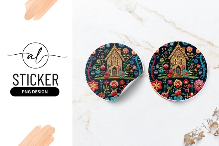 Embroidered House Floral Design Round Sticker Png