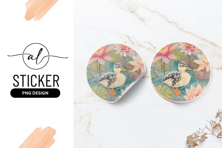 Duckling Swimming Amidst Water Lilies Round Sticker Png