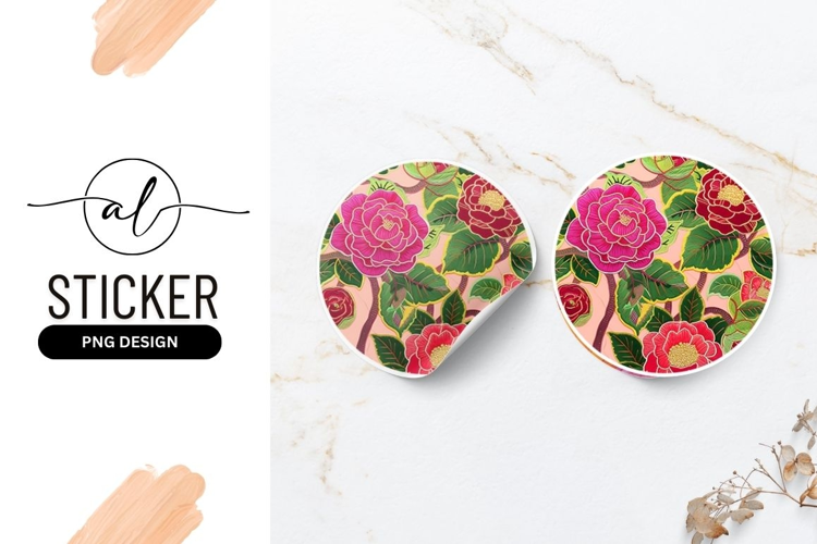 Camellia Flowers Detailed Floral Illustration Round Sticker