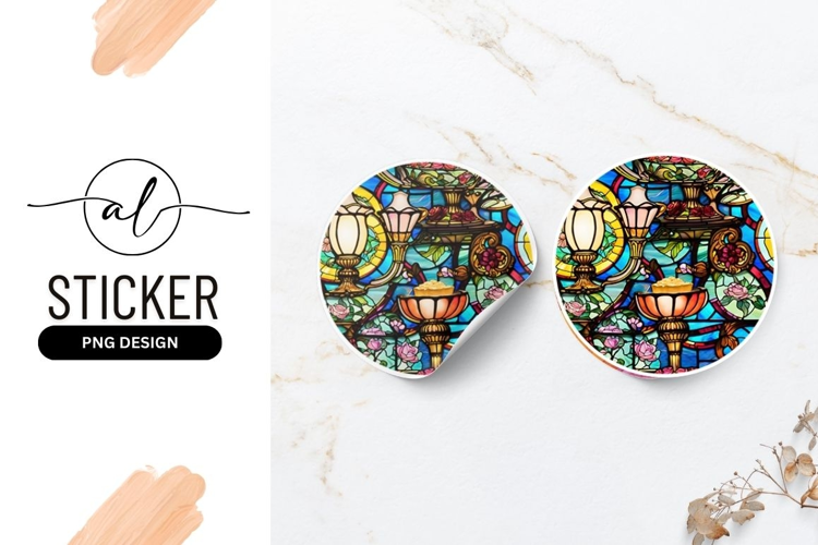 Ornate Stained Glass Lamps And Flowers Round Sticker
