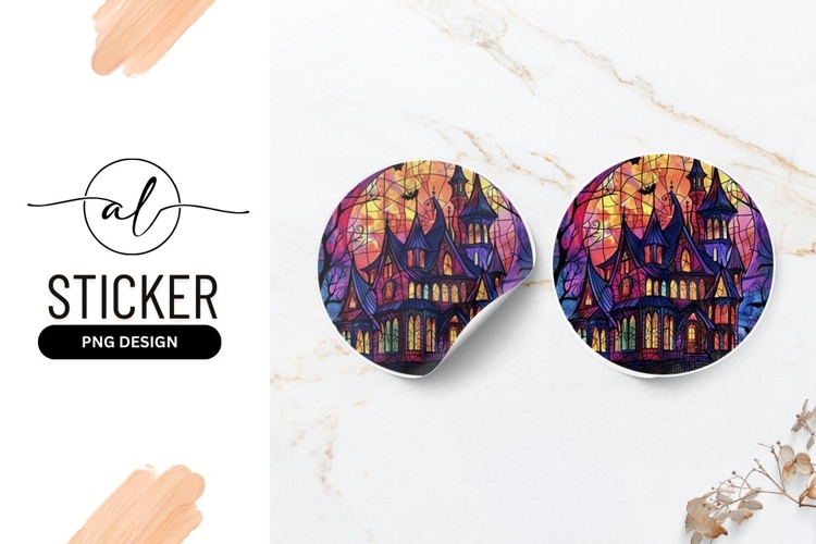 Stained glass gothic castle round sticker