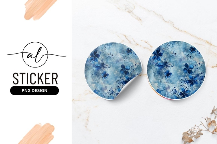 Blue floral round sticker png design