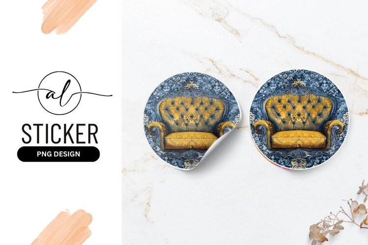 Ornate round sticker with tufted sofa design example image 1