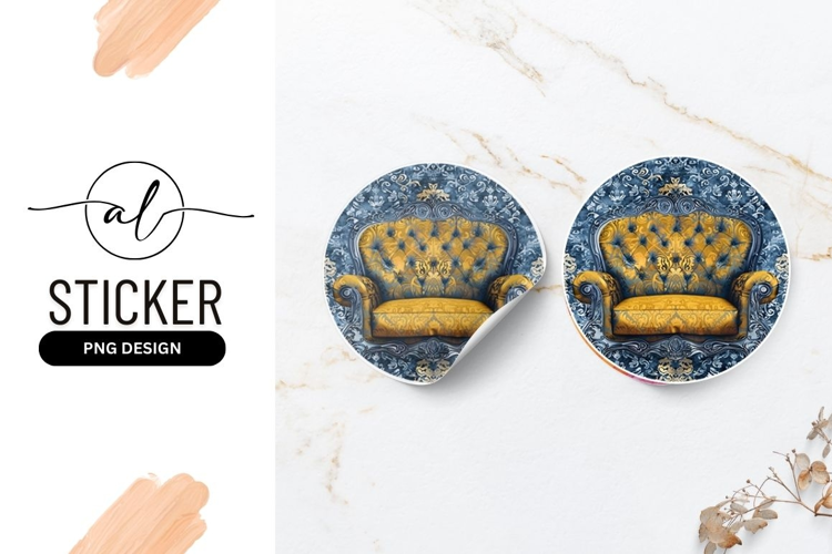 Ornate round sticker with tufted sofa design