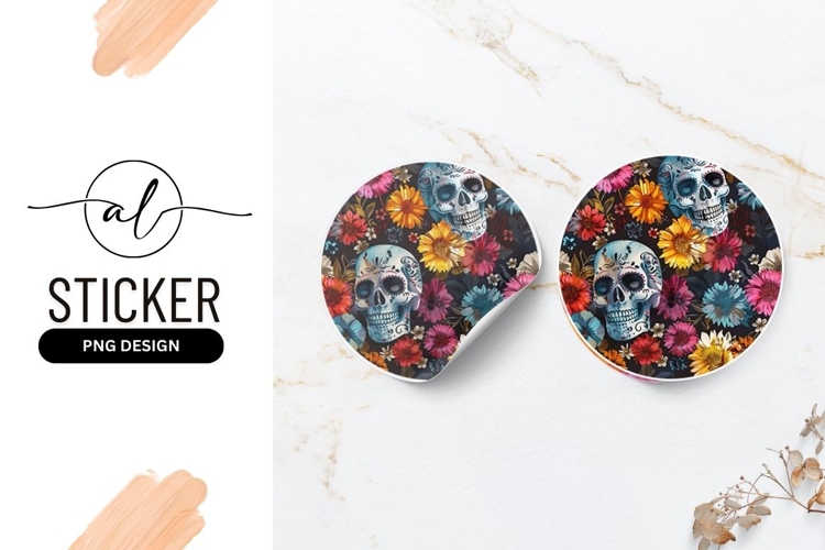 Vibrant sugar skull floral round sticker