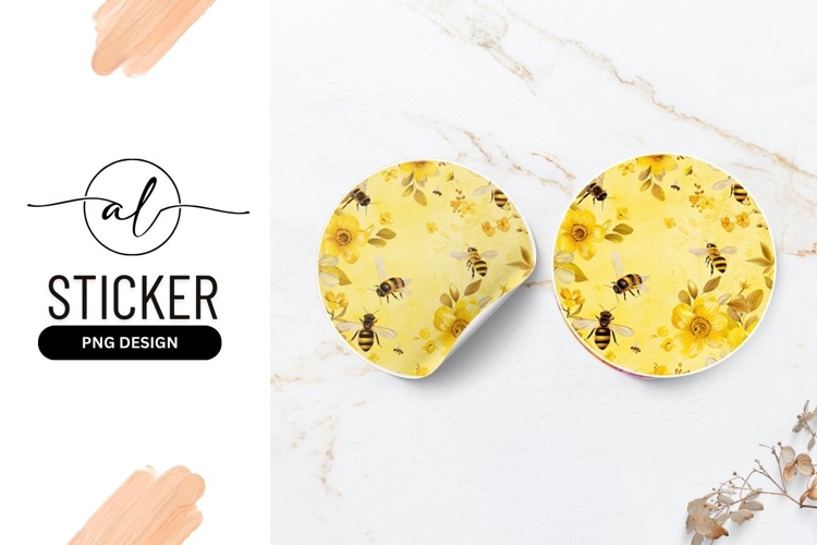 Round sticker with bee and sunflower design