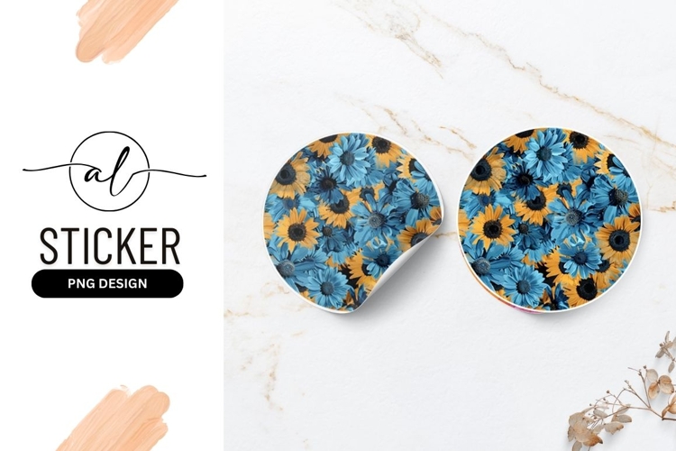 Blue and yellow floral round sticker png design