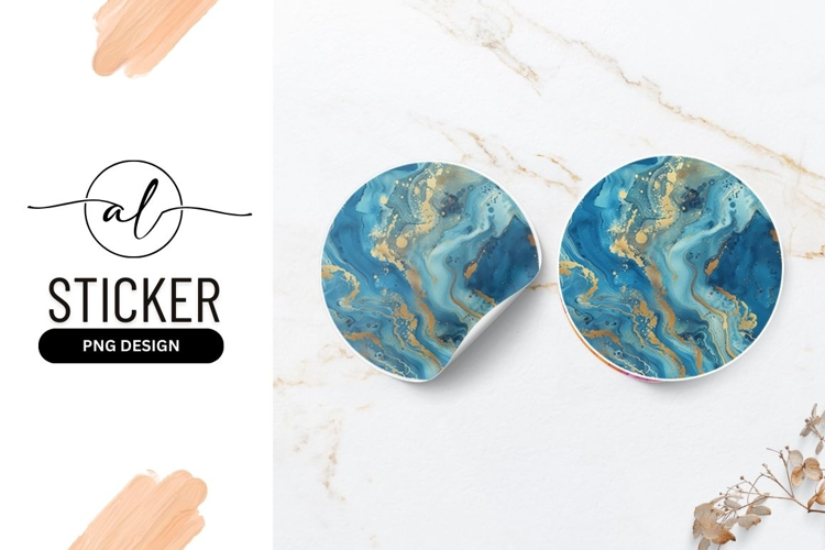 Abstract blue and gold marble round sticker