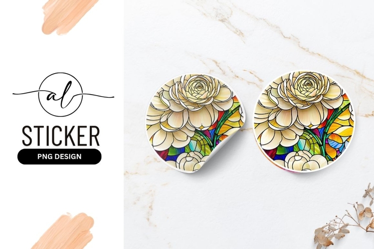 Stained Glass Floral Design Round Sticker Png