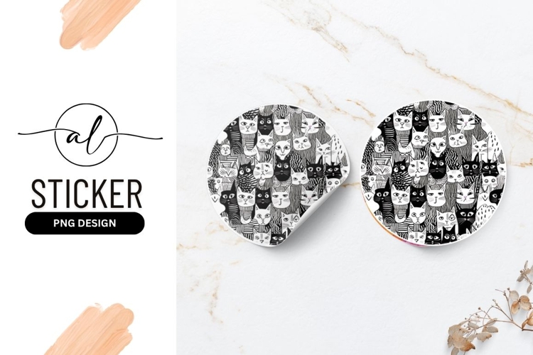 Black and White Cat Faces Pattern in a Round Sticker Png
