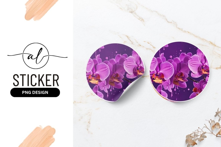 Purple Orchids with Paint Splashes in Round Sticker Png example image 1