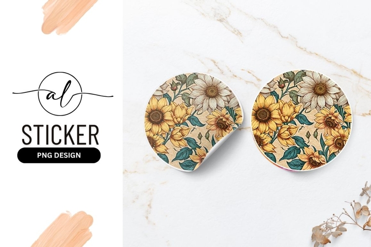 Sunflower And Daisy Vintage Floral Round Sticker Png