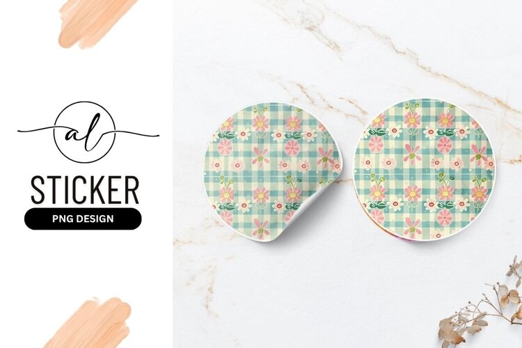 Floral Pattern With Gingham Check Round Sticker example image 1