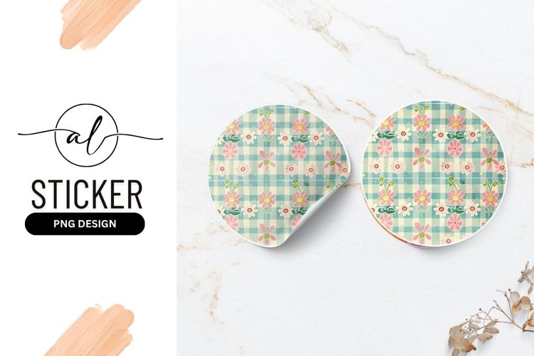 Floral Pattern With Gingham Check Round Sticker