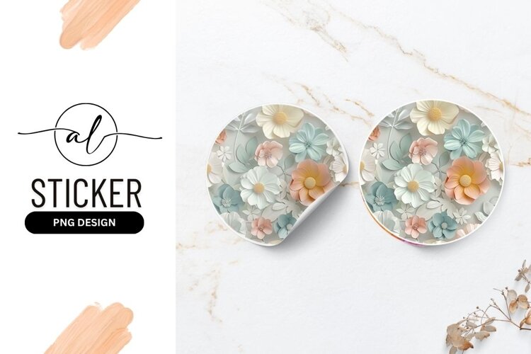 Pastel Paper Flowers And Leaves Round Sticker Design example image 1