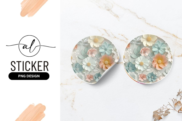 Pastel Paper Flowers And Leaves Round Sticker Design