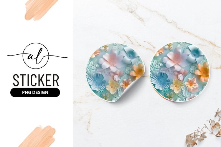 Pastel Paper Flowers Round Sticker Floral Illustration example image 1