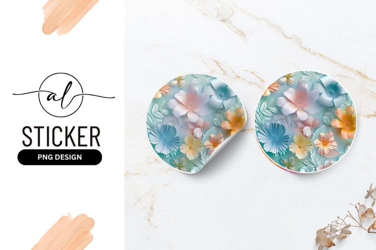 Pastel Paper Flowers Round Sticker Floral Illustration