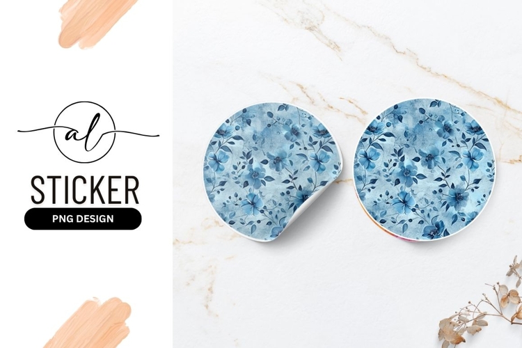 Blue Floral Watercolor Pattern Round Sticker Design
