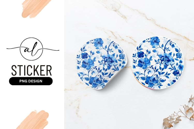 Blue Floral Watercolor Pattern Round Sticker Design