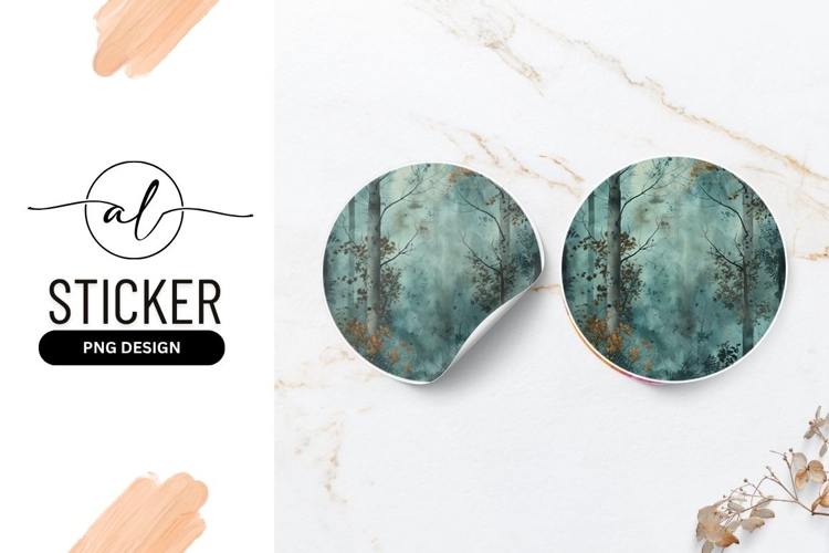 Misty Autumn Birch Forest Round Sticker Design