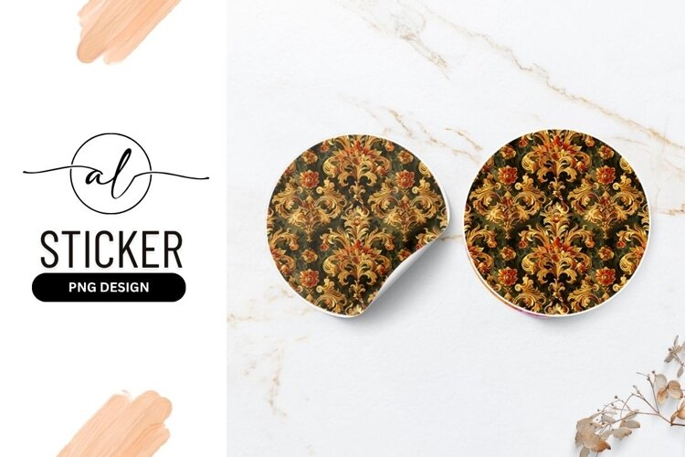 Golden Baroque Pattern Round Sticker Design example image 1
