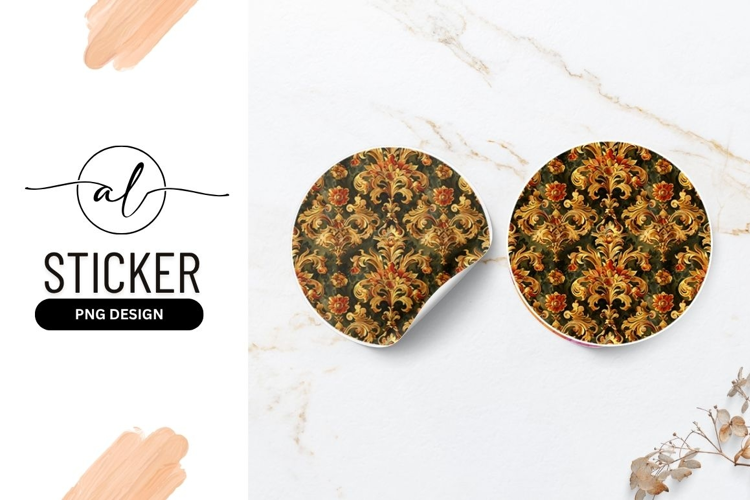 Golden Baroque Pattern Round Sticker Design