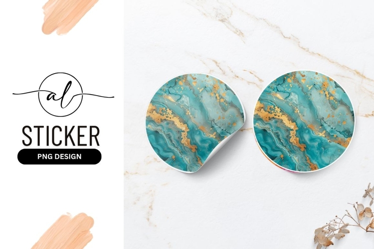 Teal And Gold Marble Round Sticker Png