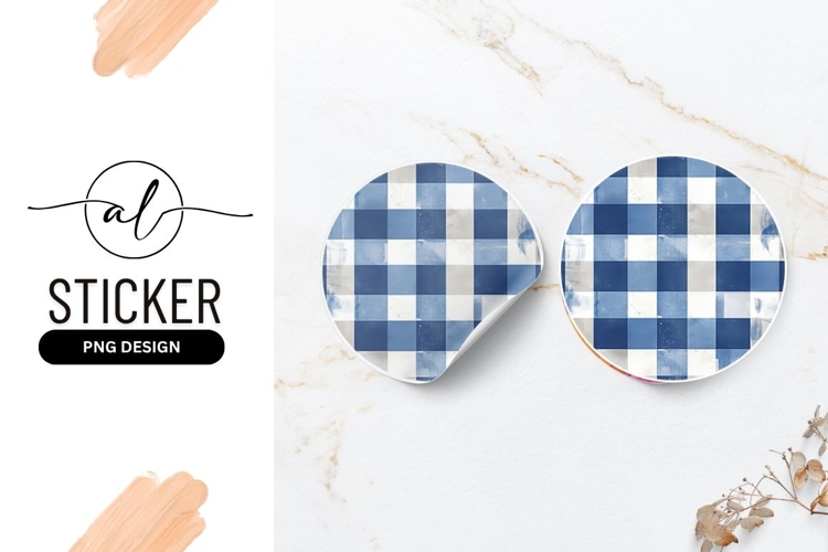Blue And White Watercolor Checkered Pattern Round Sticker