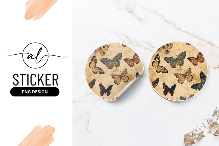 Vintage Butterfly Illustration Round Sticker Png Design