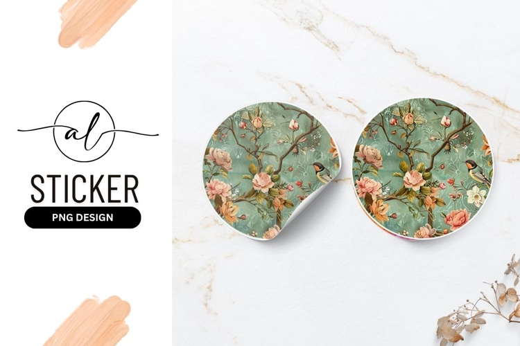 Floral Illustration With Bird Round Sticker Png
