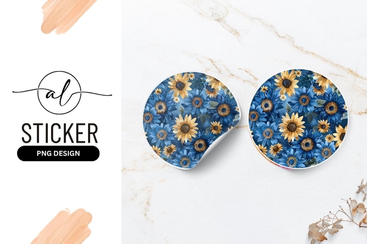 Blue And Yellow Sunflower Floral Pattern Round Sticker
