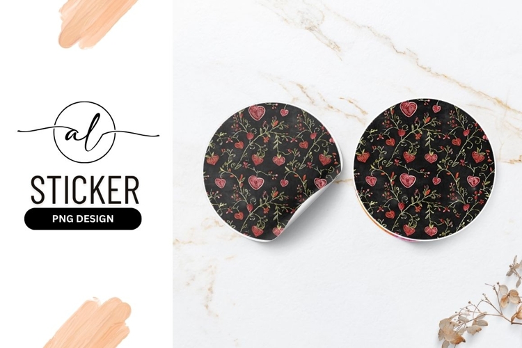 Romantic Hearts And Floral Vine Round Sticker Png